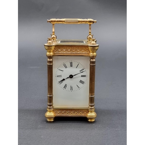 1146 - An antique French gilt brass carriage timepiece, height including handle 15.5cm.