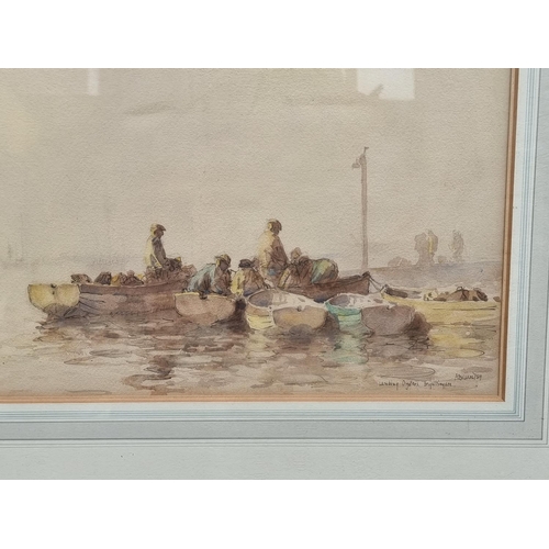 1176 - Arthur Briscoe, ‘Landing Oysters, Brightlingsea’, signed and titled, watercolour, 34 x 5... 