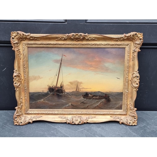 1184 - British school, late 19th / early 20th century, fishing boats, indistinctly signed, oil on mahogany ... 