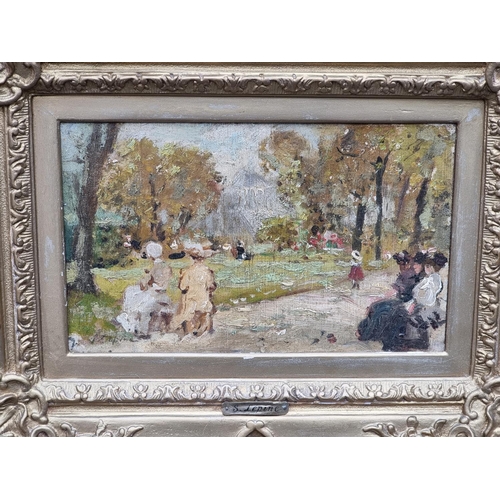 1203 - Stanislas Lepine (1835-92), figures in a park, signed, oil on board, 14 x 22.5cm.M Newman Ltd. 43a D... 