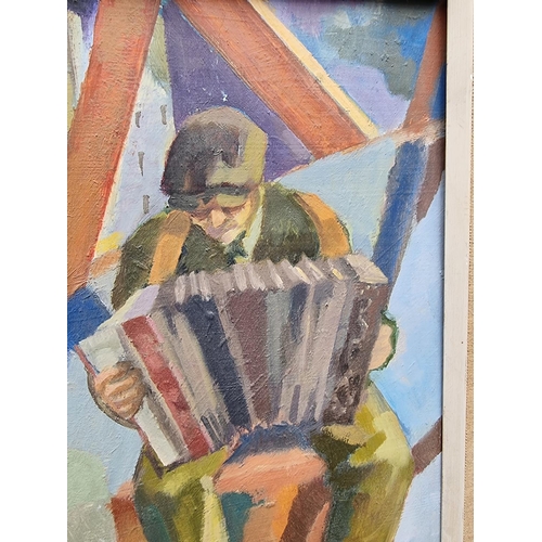 1205 - Anne Bulitis, The Accordionist, signed, oil on board, 50 x 40cm.