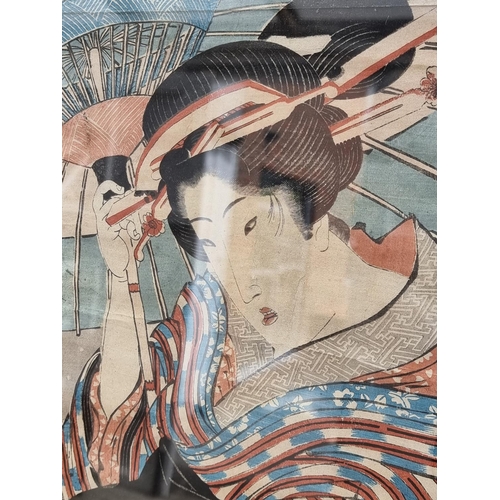 1220 - Keisai Eisen (Japanese), a Geisha with a parasol, inscribed, woodblock print, 72 x 24cm; togeth... 