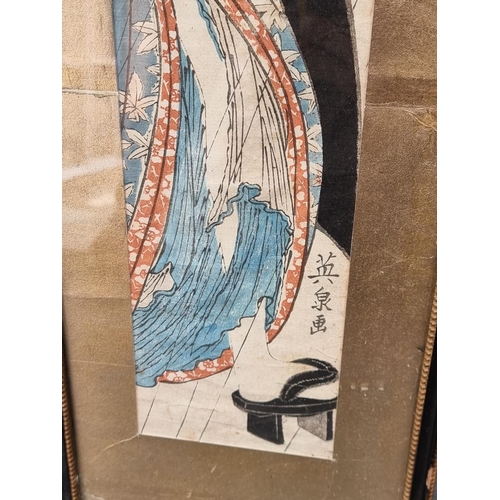 1220 - Keisai Eisen (Japanese), a Geisha with a parasol, inscribed, woodblock print, 72 x 24cm; togeth... 