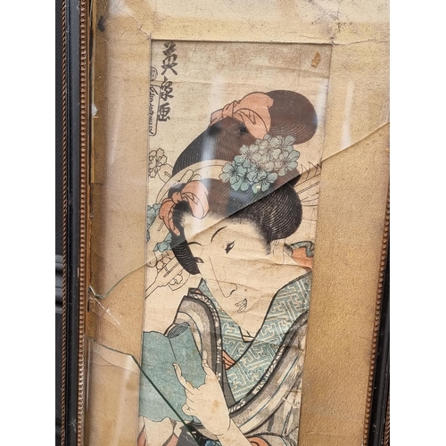 1220 - Keisai Eisen (Japanese), a Geisha with a parasol, inscribed, woodblock print, 72 x 24cm; togeth... 