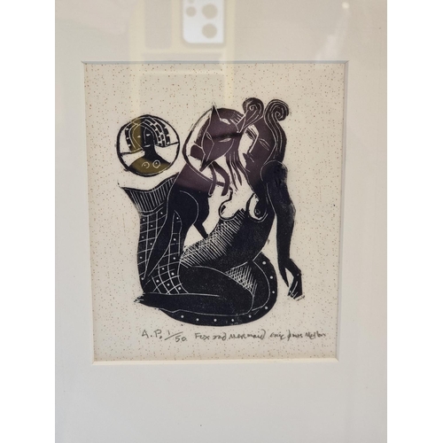 1269 - Eric James Mellon, 'Fox and Mermaid', signed, titled and numbered 1/50, woodcut, 13 x 11cm.... 