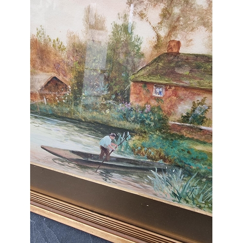 1281 - Daniel Sherrin, figure in a punt by a riverside cottage, signed, watercolour, 26 x 75cm.... 