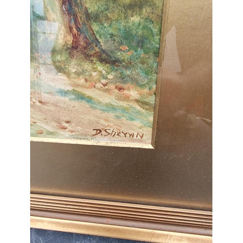 1281 - Daniel Sherrin, figure in a punt by a riverside cottage, signed, watercolour, 26 x 75cm.... 