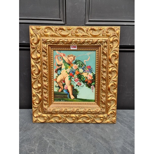 1290 - Bruce Barker, putto and flowers, a pair, signed, oil on canvas, 26.5 x 21.5cm. (2)