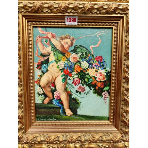 1290 - Bruce Barker, putto and flowers, a pair, signed, oil on canvas, 26.5 x 21.5cm. (2)