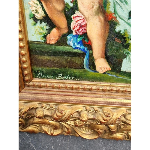 1290 - Bruce Barker, putto and flowers, a pair, signed, oil on canvas, 26.5 x 21.5cm. (2)