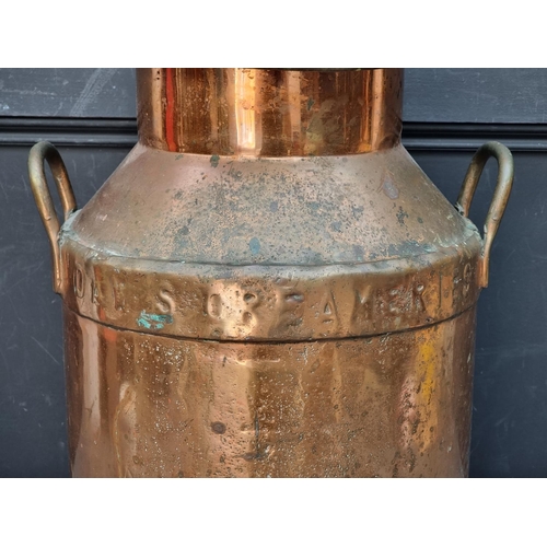 1319 - An old copper plated milk churn, inscribed 'Daws, Creameries, Saltash Ltd', 51cm high.... 