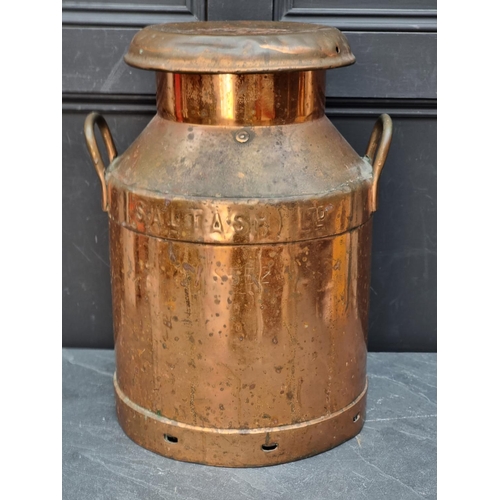 1319 - An old copper plated milk churn, inscribed 'Daws, Creameries, Saltash Ltd', 51cm high.... 