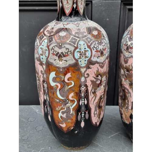 1339 - A pair of Japanese cloisonne enamel vases, 45.5cm high, (one a.f.).