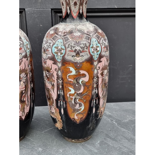 1339 - A pair of Japanese cloisonne enamel vases, 45.5cm high, (one a.f.).