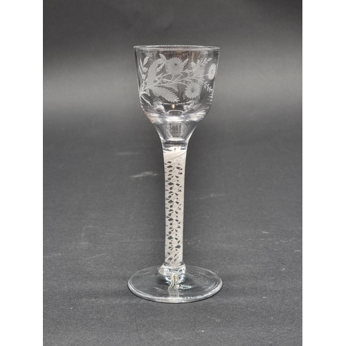 1396 - An 18th century double series opaque twist wine glass, with engraved bowl, 14.9cm.... 