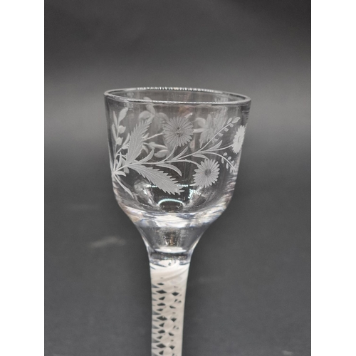 1396 - An 18th century double series opaque twist wine glass, with engraved bowl, 14.9cm.... 