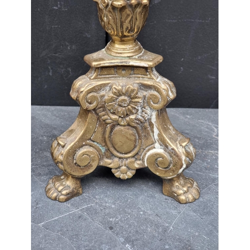 1444 - A pair of Renaissance style brass table lamps, height excluding fitting 40cm.