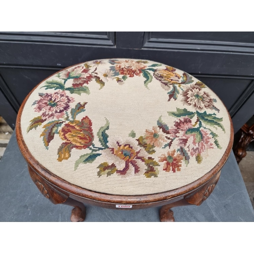 1080 - A 1930s, George I style, walnut stool, with trefid feet.