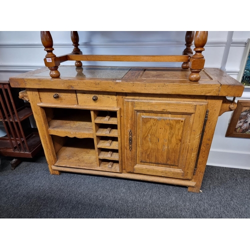 1096 - An unusual French oak kitchen unit, the top incorporating a marble inset and butcher's block, 153cm ... 