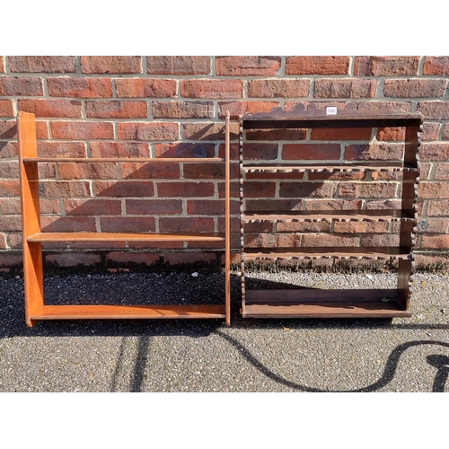 1101 - A stained walnut open wall shelf, 80 x 59cm; together with another mahogany example, 88cm wide.... 