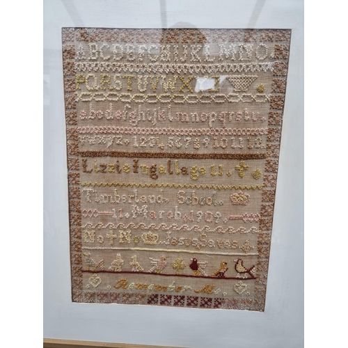 1251 - An Edwardian needlework sampler, inscribed 'Lizzie Ingall, age 11, Timberland School, 11 March 1909'... 