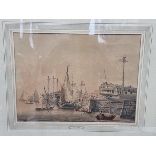 1261 - Samuel Atkins, a busy port, signed, watercolour, 35 x 47cm.