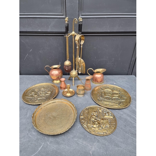 1330 - A Christopher Dresser style Aesthetic brass companion set, 50cm high; together with other brass and ... 