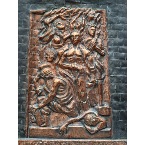 1557 - A copper relief WWII commemorative Jewish plaque, inscribed in Polish, 52 x 43.5cm.... 