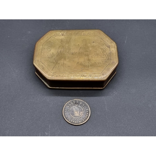 1584 - A Georgian brass octagonal tobacco box, the hinged cover inscribed 'John Banks, Randall's Coffee Hou... 