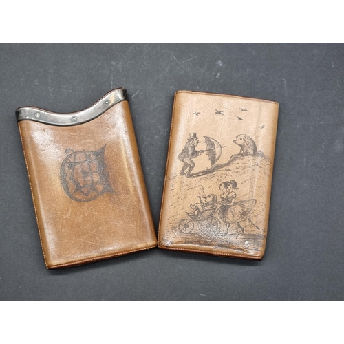 1587 - An unusual Victorian white metal mounted tan leather cigar case, with penwork decoration, indis... 