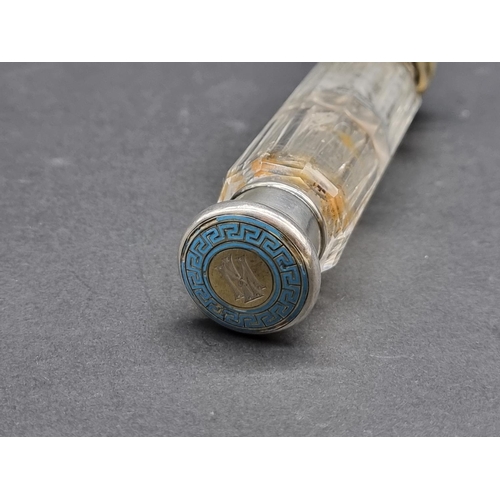 1590 - A good 19th century Continental silver gilt and enamel double ended scent bottle, 13.5cm long.... 