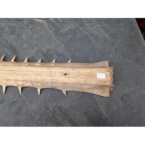 1594 - Natural History: a sawfish rostrum, with sixty two teeth, 92cm wide, (drilled).CITES Certi... 