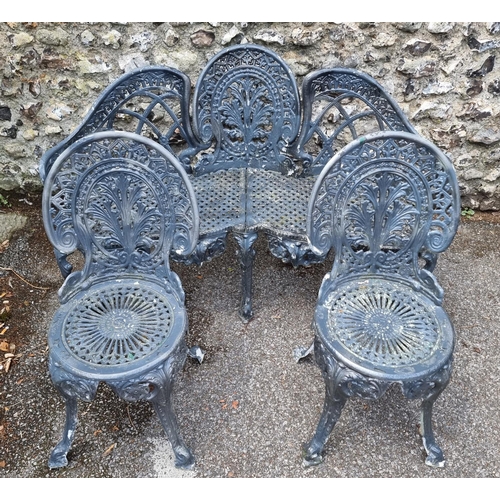 1655 - A painted aluminium garden bench and two matching chairs, the bench 137cm wide. (3)