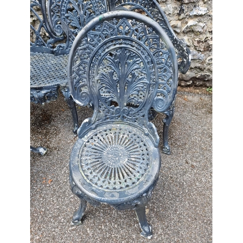 1655 - A painted aluminium garden bench and two matching chairs, the bench 137cm wide. (3)