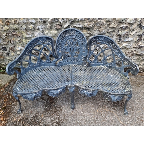 1655 - A painted aluminium garden bench and two matching chairs, the bench 137cm wide. (3)