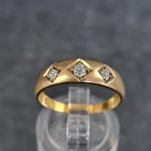 124 - A Victorian 18ct gold diamond three stone gypsy ring, set three old cut diamonds, Birmingham 1888, s... 