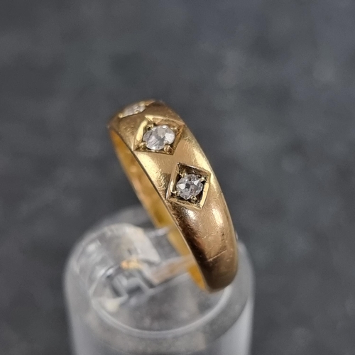 124 - A Victorian 18ct gold diamond three stone gypsy ring, set three old cut diamonds, Birmingham 1888, s... 