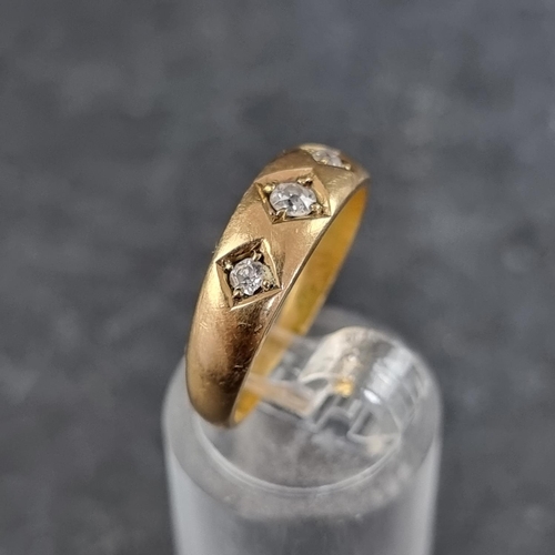 124 - A Victorian 18ct gold diamond three stone gypsy ring, set three old cut diamonds, Birmingham 1888, s... 