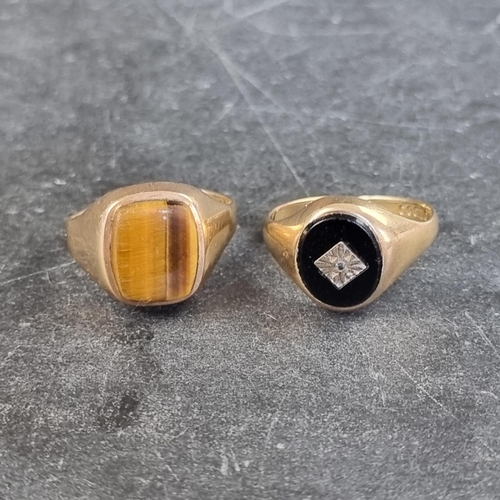 172 - A 9ct gold signet ring, set black onyx with diamond chip to centre, size Q 1/2; together with a simi... 