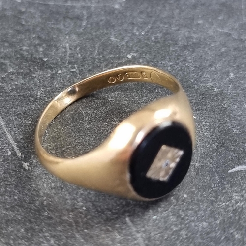 172 - A 9ct gold signet ring, set black onyx with diamond chip to centre, size Q 1/2; together with a simi... 