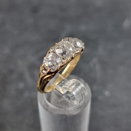 193 - A late Victorian yellow metal diamond half hoop ring, set three old cut diamonds and six small rose ... 