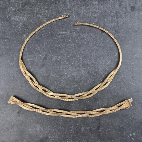 199 - A 9ct gold woven three strand bracelet and matching necklace, 18cm and 42cm respectively, import mar... 