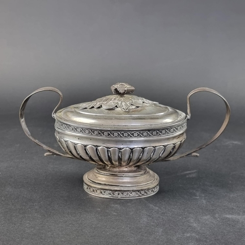 2 - An early 19th century German white metal oval lidded sugar bowl, maker C H M with 12 loth mark (.750... 