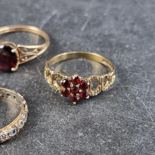 247 - Three 9ct gold gem set rings; together with a similar yellow metal gem set ring. (4)... 