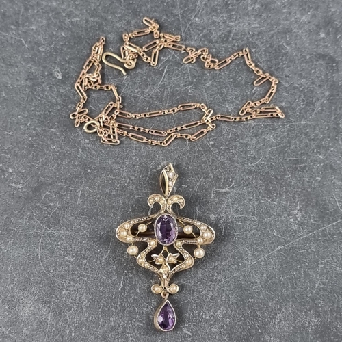 266 - Art Nouveau yellow metal pendant/brooch set amethysts and split pearls, stamped '9c', 45mm high; on ... 