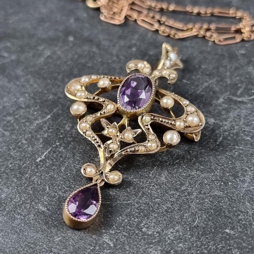 266 - Art Nouveau yellow metal pendant/brooch set amethysts and split pearls, stamped '9c', 45mm high; on ... 