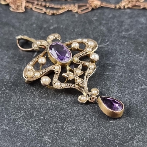 266 - Art Nouveau yellow metal pendant/brooch set amethysts and split pearls, stamped '9c', 45mm high; on ... 