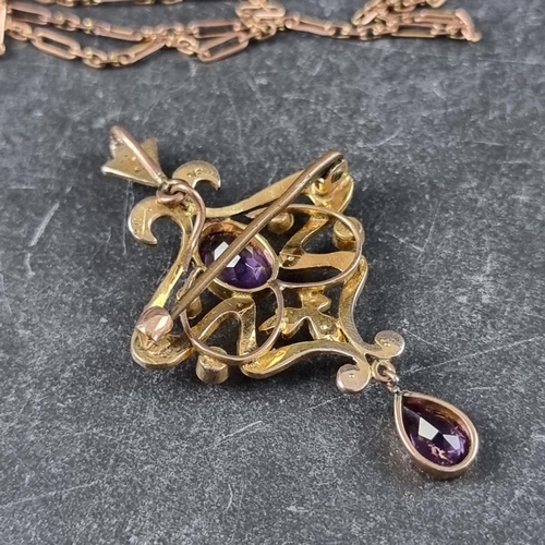 266 - Art Nouveau yellow metal pendant/brooch set amethysts and split pearls, stamped '9c', 45mm high; on ... 