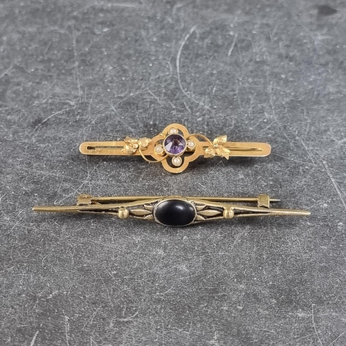 272 - A yellow metal amethyst and pearl bar brooch, stamped 9ct, 48mm; together with another base metal ba... 