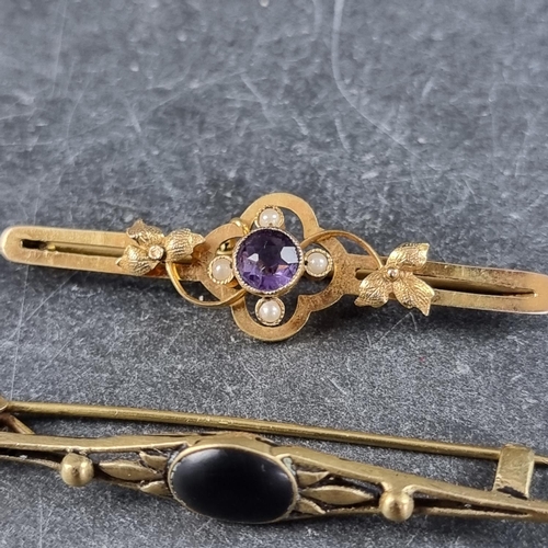 272 - A yellow metal amethyst and pearl bar brooch, stamped 9ct, 48mm; together with another base metal ba... 